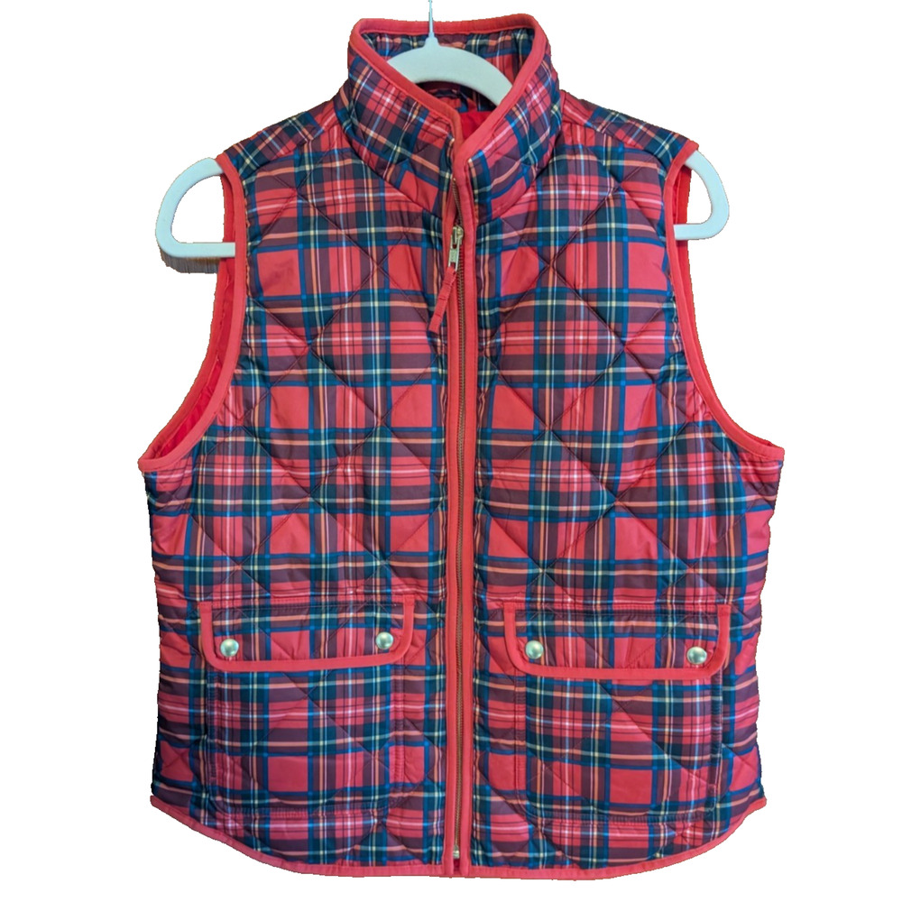 Womens J Crew Factory Tartan Plaid Puffer Vest snap pockets NEW NWT LARGE
